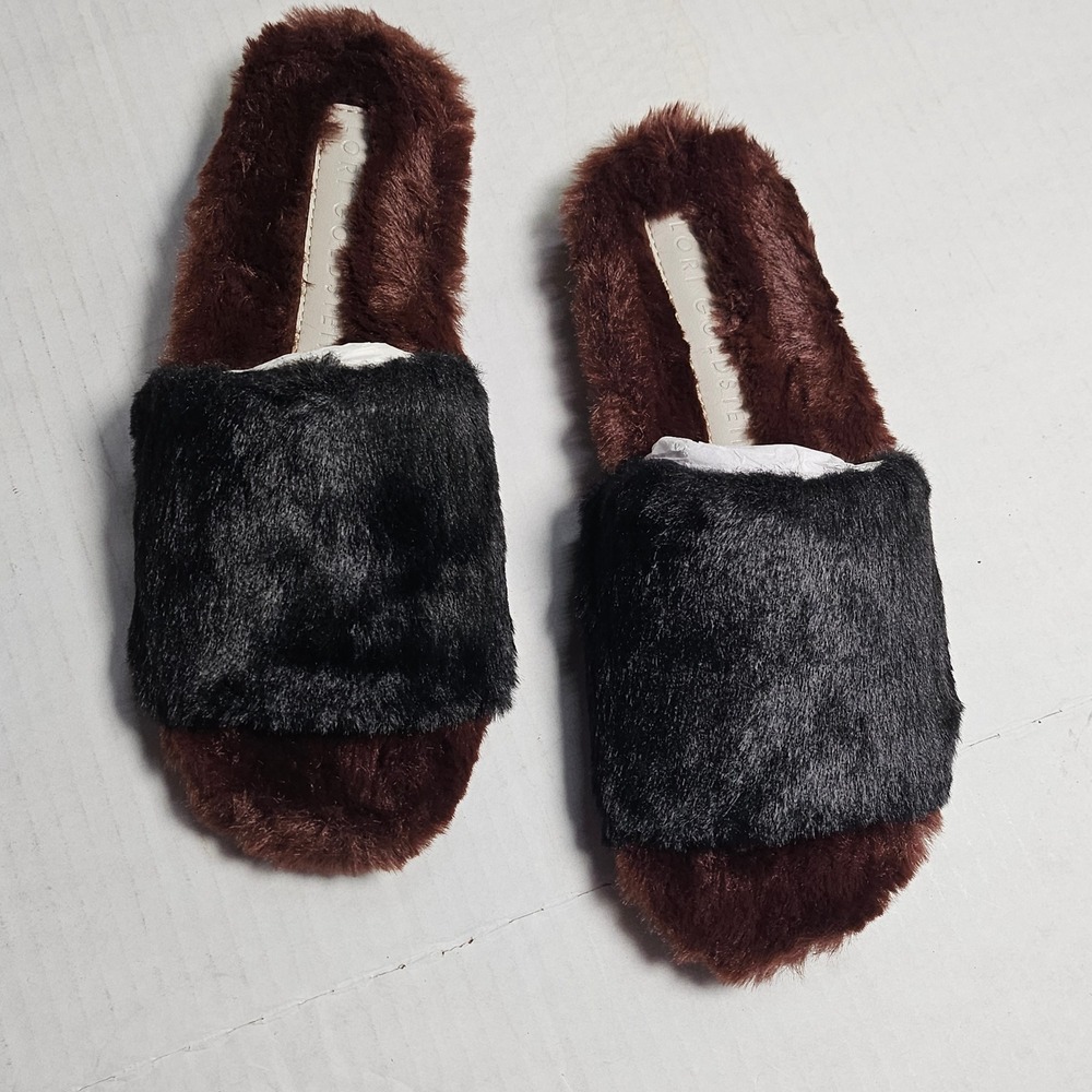 Lori Goldstein Li-Dillian Black Brown Faux Fur Slide Slippers Womens 5M 35 NEW - Picture 2 of 11